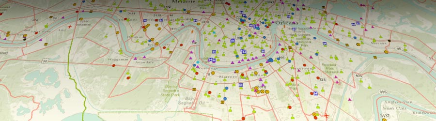 GIS map of New Orleans with various points of interest marked with icons